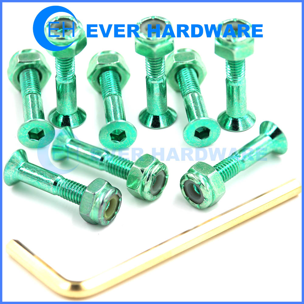 Color Skateboard Screws Set Flat Head Hex Socket Green Nuts Hex Key Hardware 9PCS Bolts Set Deck Mounting Skate Parts Outfits Fasteners Cruiser