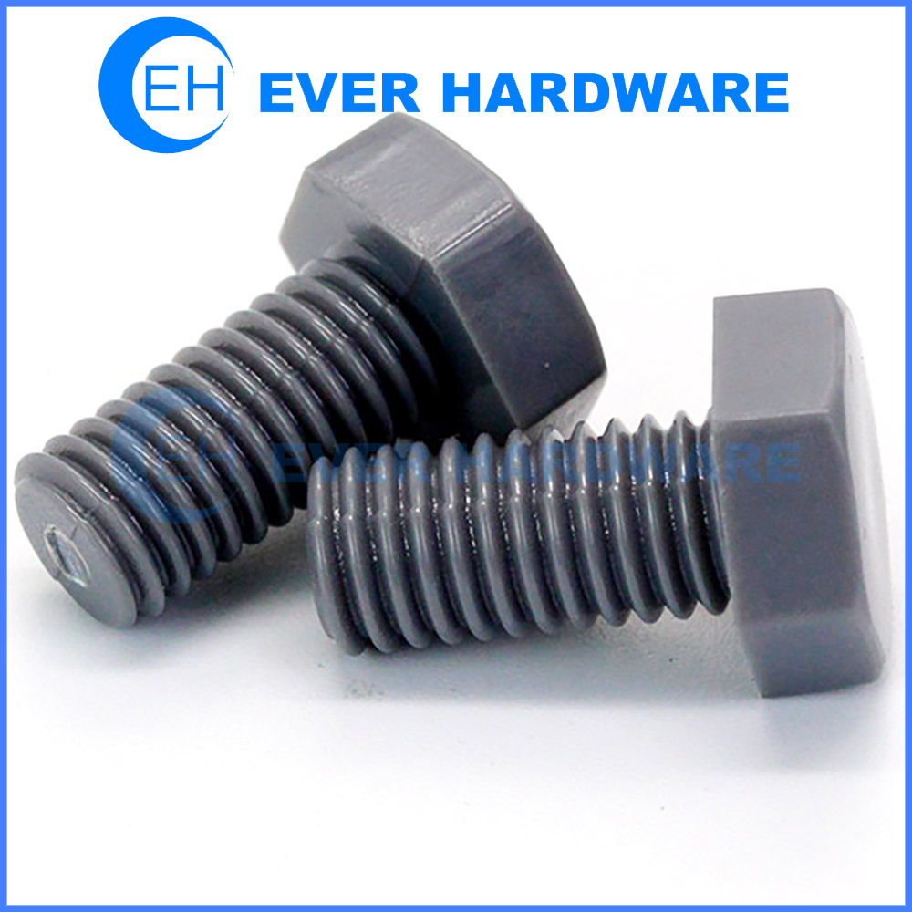 M10 PVC Hex Bolts DIN 933 Corrosion Resistant Polyvinyl Chloride Resin Cap Screws Machine Threaded Plastic Poly Gray Color Anti Acid Alkali Lightweight Insulated Fasteners